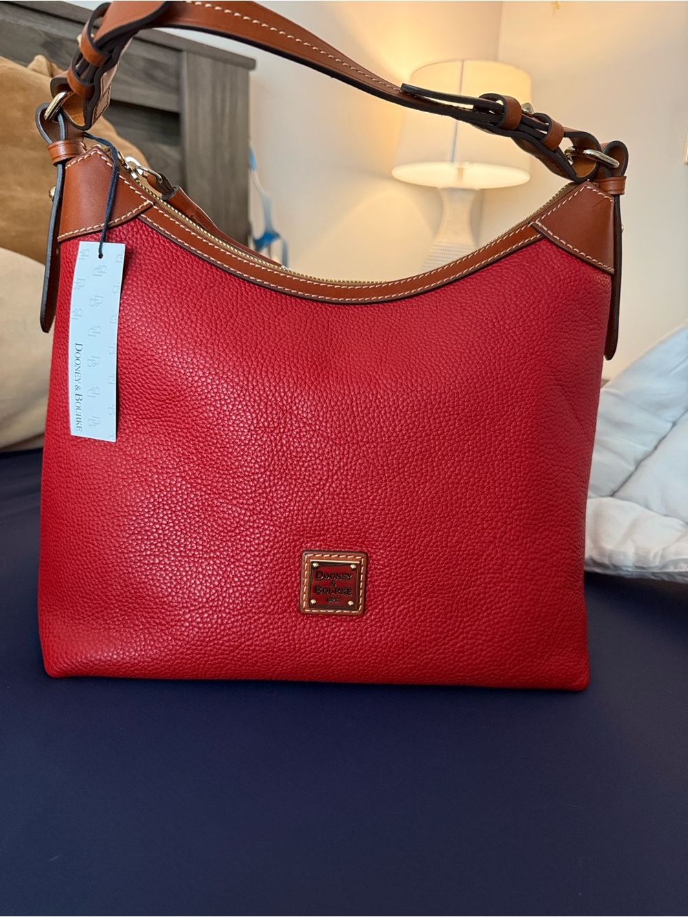 Dooney & Bourke Red Pebble Leather Shoulder Hobo with Brown Trim